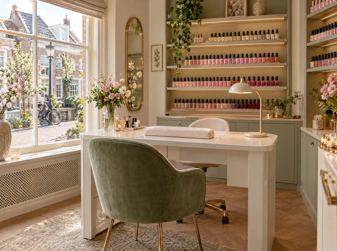 Sfeerbeeld: rustige nagelstudio met manicuretafel en bloemen